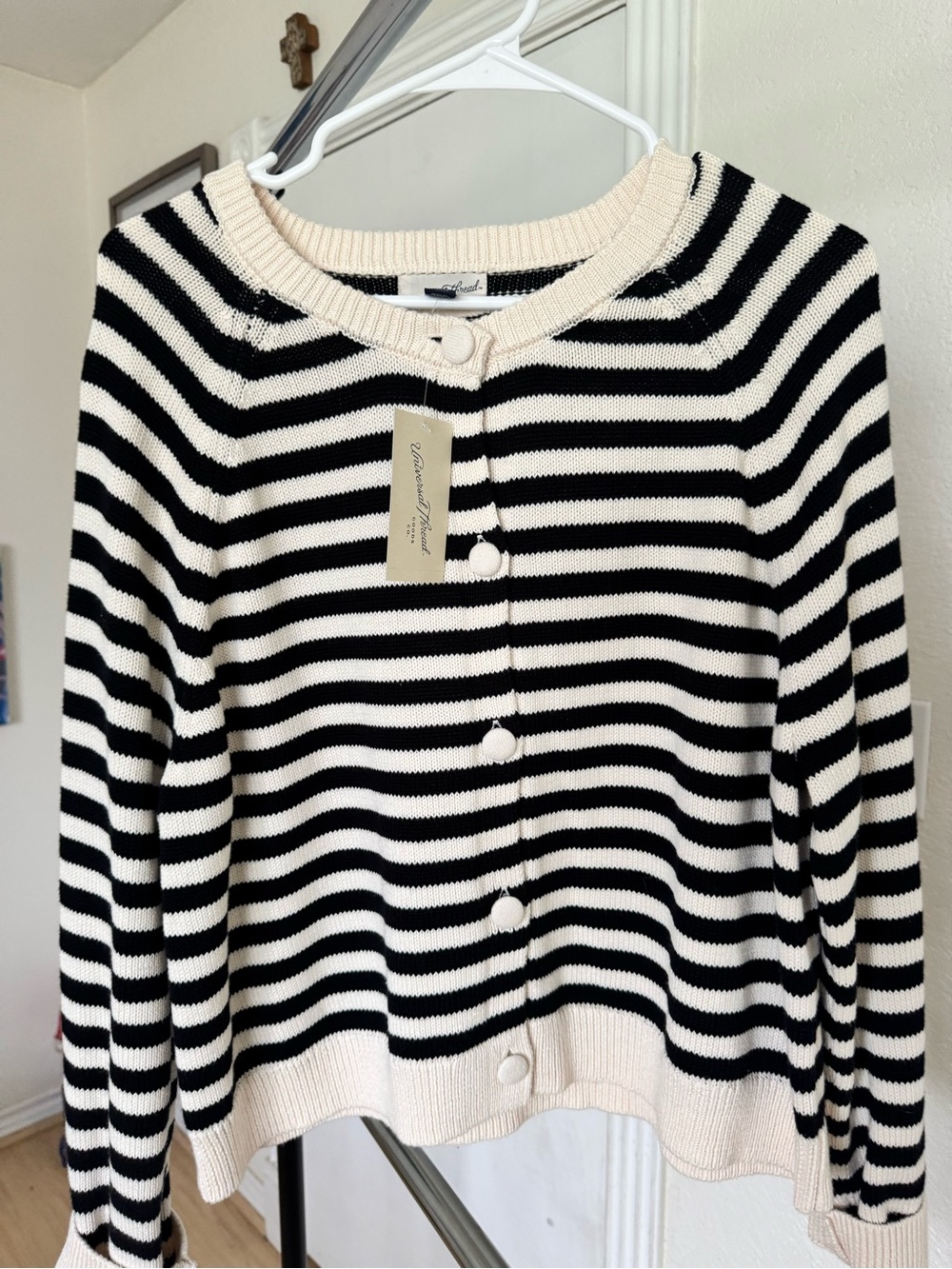 Universal Thread Black and Cream Striped Button-Front Cardigan